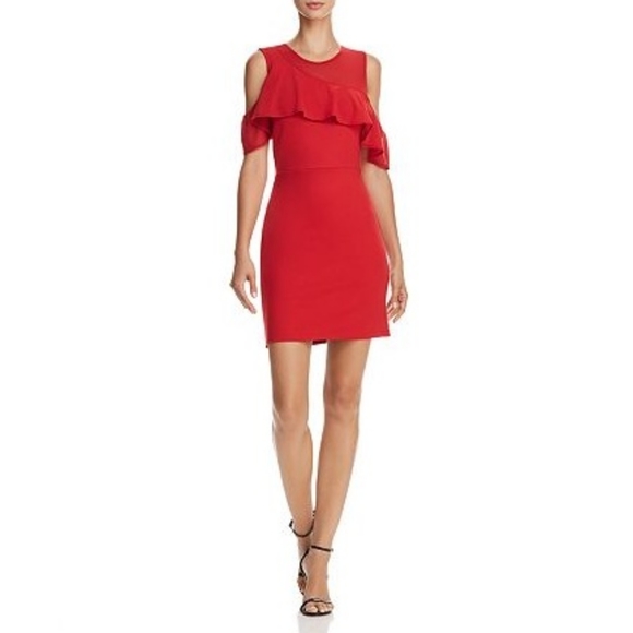 French Connection Dresses & Skirts - FRENCH CONNECTION Asymmetric Shoulder Dress Ruffle Mini Red Sz 2